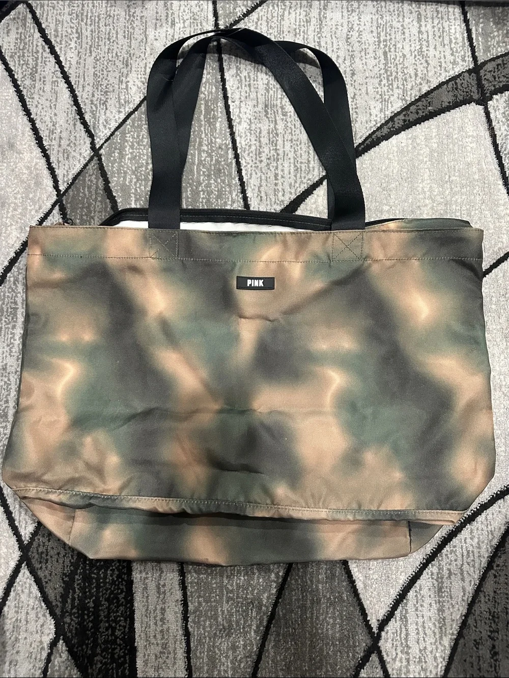 PINK Victoria's Secret Camouflage Tote in Green and Brown with Black Straps